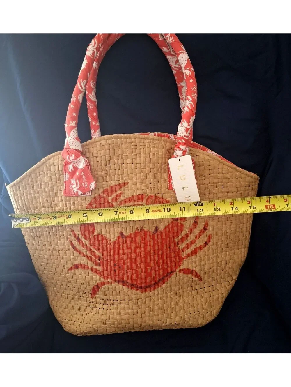 NWT Lulu Crab Woven Wicker Straw Beach Tote Pink Coral Scarf Handles 3 Pockets